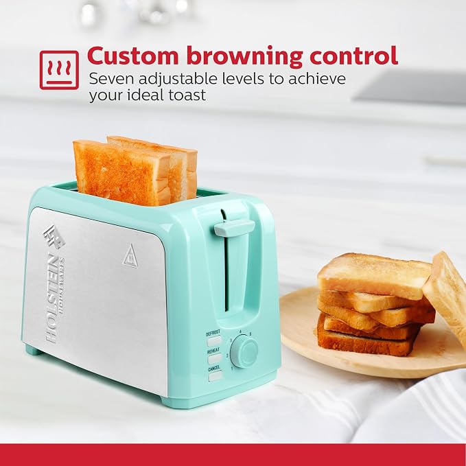 Holstein Housewares 2-Slice Toaster with 7 Browning Settings, Extra-Wide Slots, Reheat, Defrost, Cancel, High-Lift Release, Removable Crumb Tray – Compact Stainless Steel, Mint