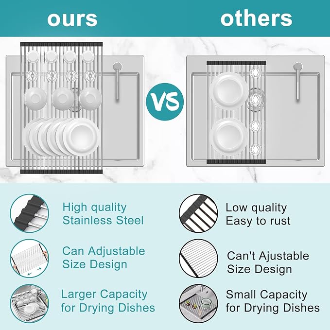 BBXTYLY Extra Large Expandable Roll Up Dish Drying Rack,Over The Sink Drying Rack Sink Cover Kitchen Sink Accessories Kitchen Rolling up Stainless Steel Drainer, Foldable,Rollable（Black，22.8''-17.3''）