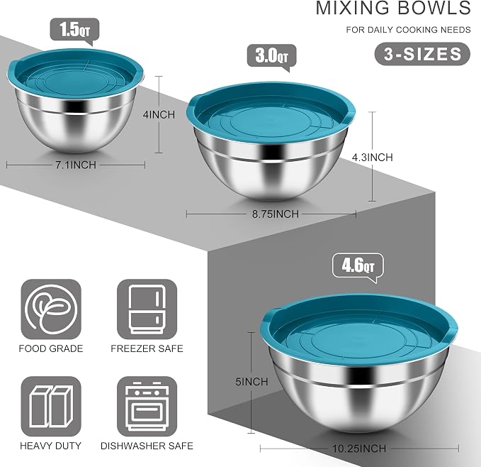 HaWare Mixing Bowls with Airtight Lids, 6-Piece Stainless Steel Salad Bowls | Strong Nesting Bowls for Cooking, Prepping, Baking, Serving & Food Storage, Stackable Design, Size 4.6, 3, 1.5QT, Teal Blue