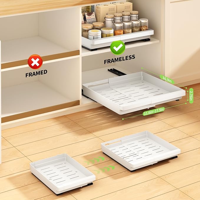 DOMNIU Pull Out Cabinet Organizers Expandable,White,16.9" Depth,4 Pack | Slide Out Drawers for Kitchen, Bathroom, Pantry, Under Sink Storage, Fixed with Adhesive Nano Film (11.6''-17.5'')