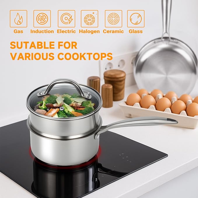 Ohtomber 2.5 Qt Tri-Ply Stainless Steel Saucepan with Steamer Basket & Lid | Nonstick, Saucepan with Stay-Cool Handle, Induction Safe, Medium Cooking Pot, Ideal for Vegetables, Oatmeal, Daily Steaming