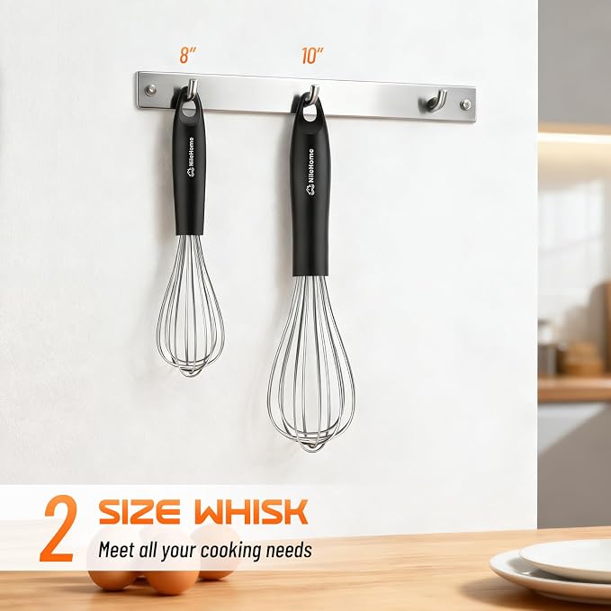 NileHome Silicone Whisk Set 8" 10" Kitchen Whisk Kitchen Wisk Wire Whisks for Cooking, Whisking, Blending, Beating, Stirring-Black Silver