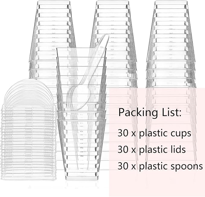 5 oz Plastic Dessert Cups with Lids and Spoons, 30 Pack | Clear Square Mini Reusable Parfait Appetizer Cups, Shooter Serving Cups, Party Dessert Shot Glasses for Tasting