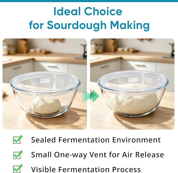 E-far Glass Mixing Bowl with Airtight Lid, 4.8QT Large Clear Glass Bowl for Salad, Sourdough Bread Making, Prep, Serving, Storage, Non-toxic & Leak-proof, Microwave, Dishwasher, Oven & Fridge Safe