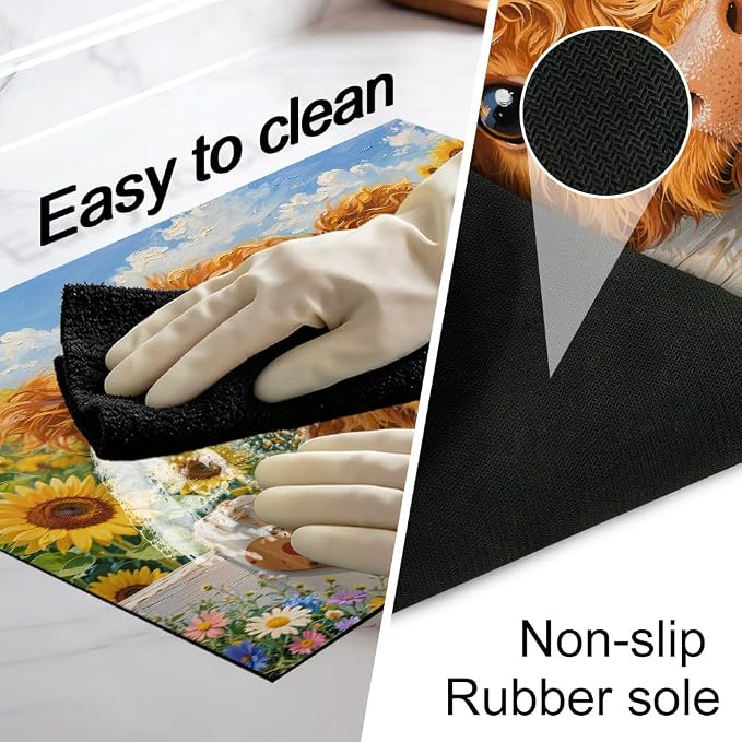 Highland Cow Stove Top Cover, Sunflower Farmhouse, 28x20 in | Baby highland cow over white fence in a sunflower field; non-slip mat; protects glass and electric cooktops; 28.4 x 20.5 in
