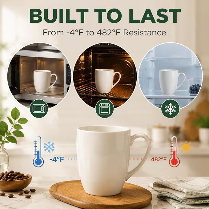 White Porcelain Coffee Mugs Set of 6, 13 Ounce Coffee Cups with Handle, Ceramic Tea Mugs for Latte, Hot Tea, Cappuccino, Mocha, Cocoa, Mug Gift Set, Dishwasher and Microwave Safe