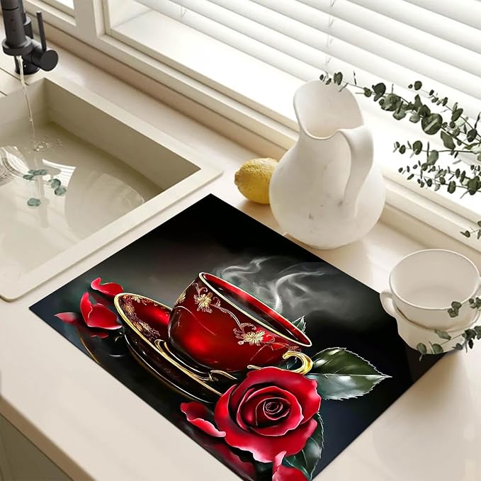 HOMETITUTE Red Rose Tea Cup Stove Top Cover 28x20 Romantic Mat