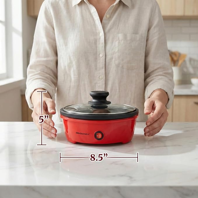 Elite Gourmet EGL-6101 Stir Fry Griddle Pan, 650W Non-Stick Skillet, Red | Rapid Heat-Up, Tempered Glass Lid for Easy Monitoring, Compact Personal-Size, Ideal for Pancakes & Eggs