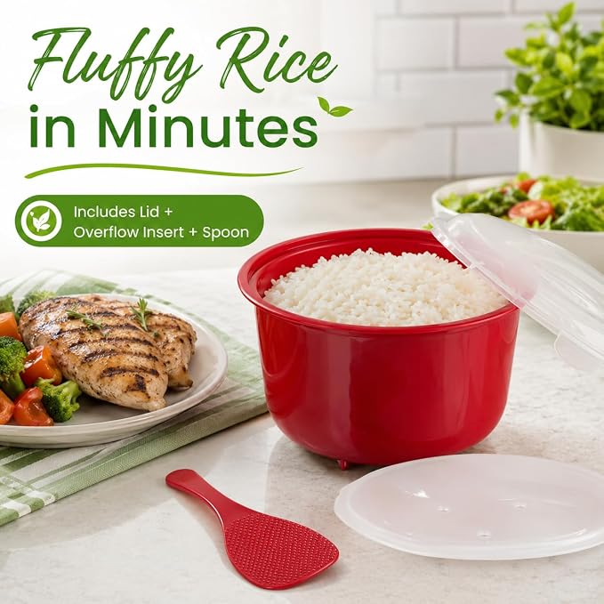 Microwave Rice Cooker with Steamer Lid and Spoon – BPA-Free 2.6L Rice Maker, Dishwasher Safe, for Basmati, Jasmine, Spanish, Indian Rice, Pasta, Ramen and Vegetables