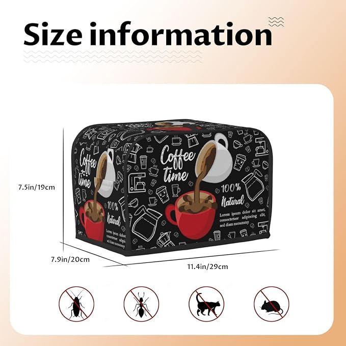 Toaster Cover 2 Slice with Coffee Pattern Dustproof Protection TC1000 | Waterproof Fingerprint Wide Slot Reusable for Kitchen Small Appliance