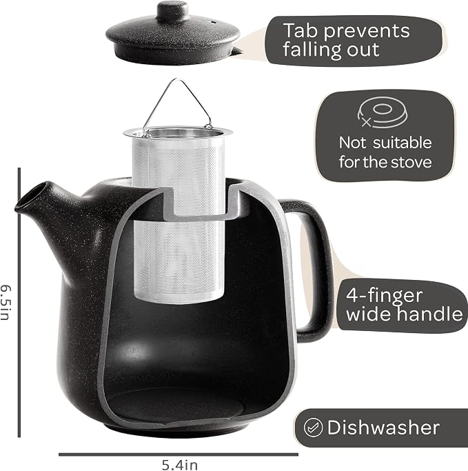 Design Tea Pot (44 oz) - Premium Ceramic Teapot with Infuser for Loose Tea - Black Teapot Ceramic with Removable Strainer