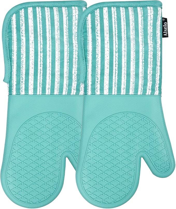 Alselo Silicone Oven Mitts Heat Resistant 932℉ with Waterproof & Non-Slip | Kitchen Mittens Set of 2,Extra Long 7.5"x15" Oven Gloves with Soft Cotton Terry Lining for Baking Cooking BBQ(Green,2)