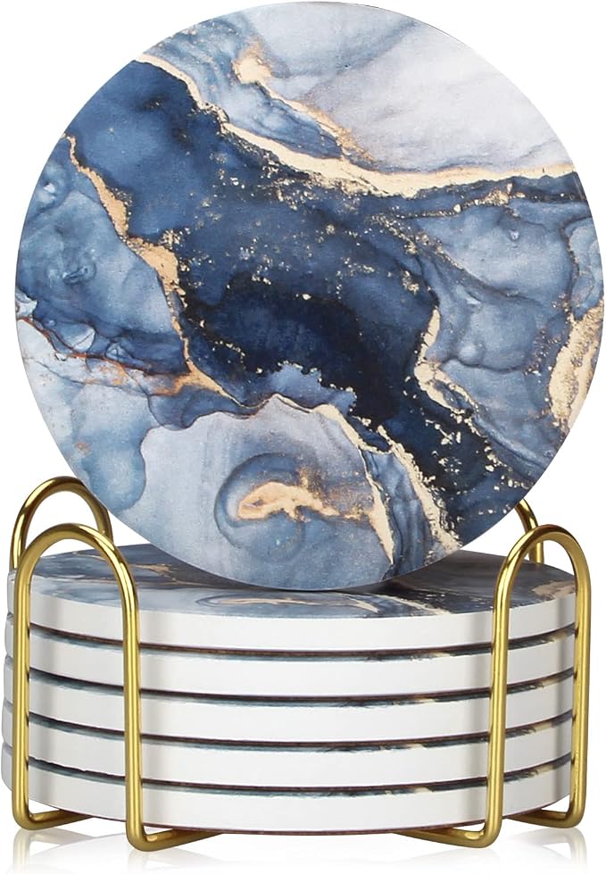 Coasters Set of 6, Navy Blue Marble Abstract Ceramic Coasters with Holder | Best Round Absorbent Drink Coaster Set, Coffee Table Decor for Home Decor House Warming Gifts New Home