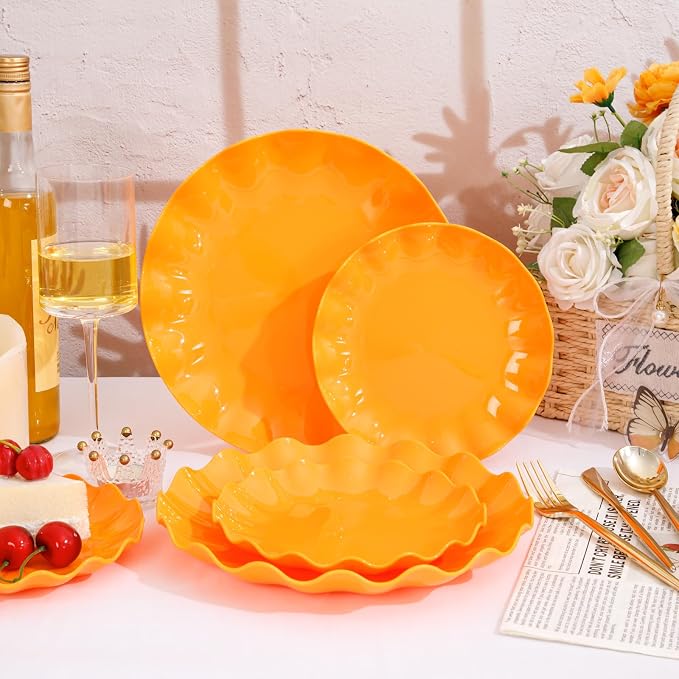 LIYH 50 Pcs Orange Scalloped Plastic Plates, Unbreakable Dishwasher Safe | BPA Free for Halloween Thanksgiving Day (25 Guests) - 10 Inch Dinner Plate and 7.5 Inch Dessert Plates