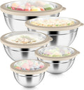 P&P CHEF Metal Mixing Bowls with Lids Set, Visible Airtight Lids & Khaki | 5 PCS Stainless Steel Mixing Nesting Bowls for Kitchen Prepping, Storing, Healthy & Easy Clean, Size 4.6, 3, 1.5, 1, 0.7 QT