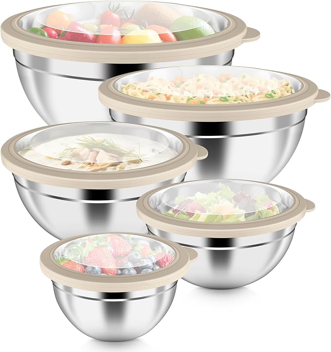 P&P CHEF Metal Mixing Bowls with Lids Set, Visible Airtight Lids & Khaki | 5 PCS Stainless Steel Mixing Nesting Bowls for Kitchen Prepping, Storing, Healthy & Easy Clean, Size 4.6, 3, 1.5, 1, 0.7 QT