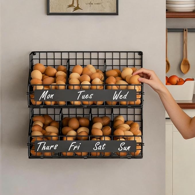 Egg Holder Countertop,Metal Egg Rack with Adjustable Dividers & DIY Labels | 2-Tier Stackable Wire Baskets, XXL Egg Basket for Gathering Fresh Eggs - Wall-Mounted Egg Storage, Chicken Coop Accessories