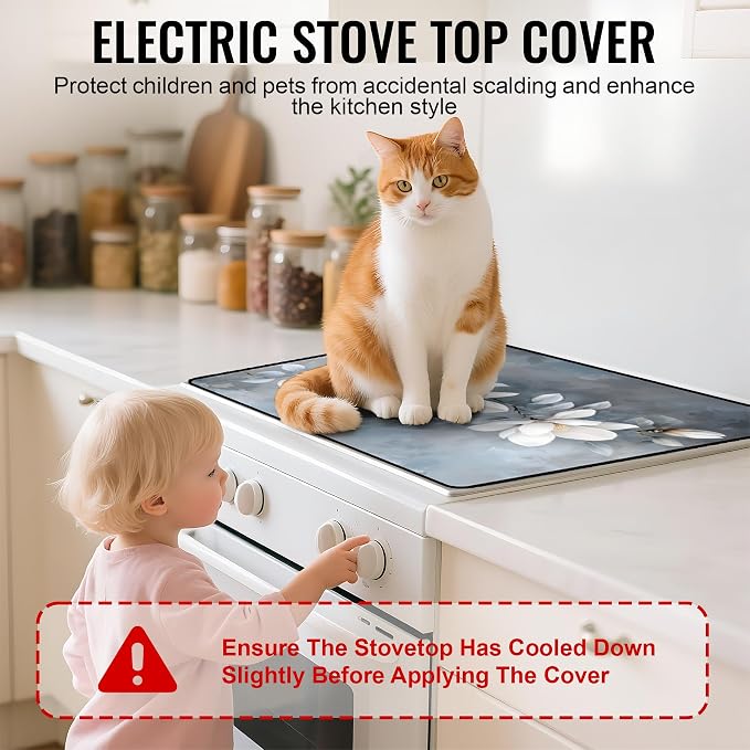 NYZE Stove Top Cover for Electric/Glass Stove, 28x20 Inch Stovetop Cover Flat Top Protector Dish Drying Mat for Kitchen (White Magnolia)