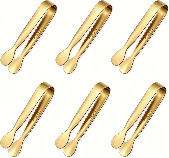Mini Serving Tongs Set of 6, 4.25 Inch Gold Stainless Steel Small Tongs | Perfect for Sugar Cubes, Desserts, Tea Party, Ice Cubes, Appetizers — Smooth Rounded Edges, Dishwasher Safe Kitchen Utensils