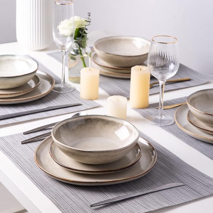 AmorArc Ceramic Dinnerware Sets for 4, 12Pcs Plates and Bowls Sets Dishes | Stoneware Handmade Reactive Glaze Dinner Set, Highly Scratch Resistant | Dishwasher & Microwave Safe Dishware-Cappuccino