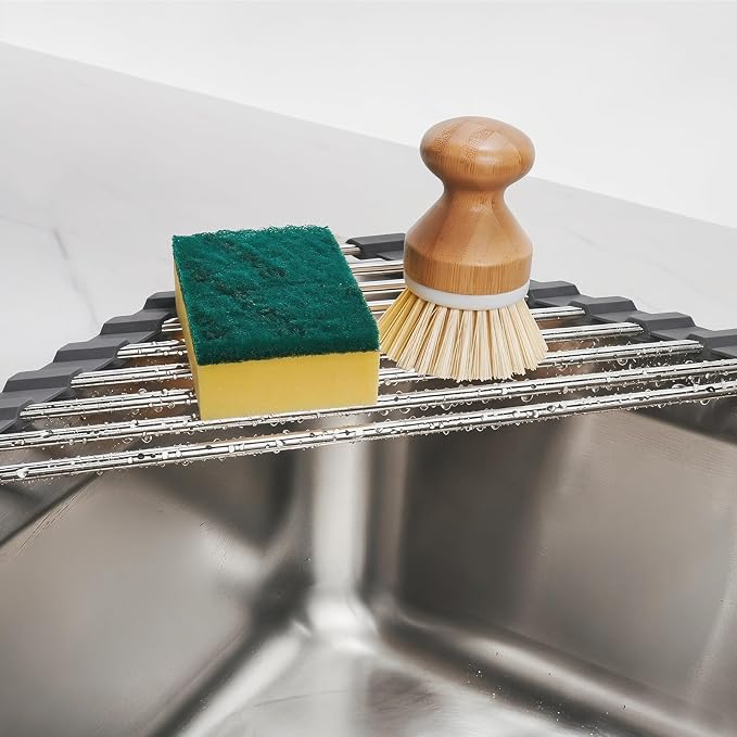 Tomorotec Triangle Roll Up Dish Drying Rack 304 Stainless Steel Dark Gray | BPA-Free Food-Grade Silicone Edges Foldable Waterproof Rustproof Heavy-Duty Space Saver Heat Resistant to 550°F