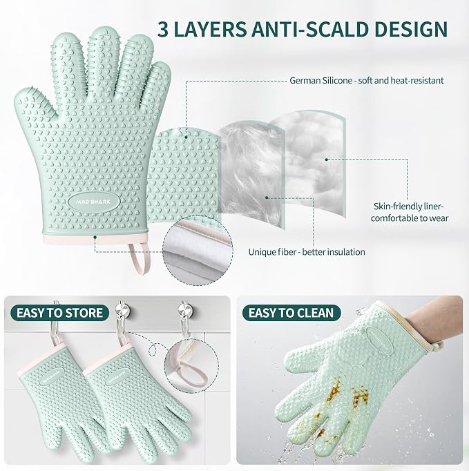 MAD SHARK Silicone Oven Mitts with Fingers Heat Resistant 450°F in Kitchen | Waterproof & Non-Slip Oven Gloves,Cotton Lined Silicone Kitchen Mitts for Baking Cooking Barbecue,Women (Green)