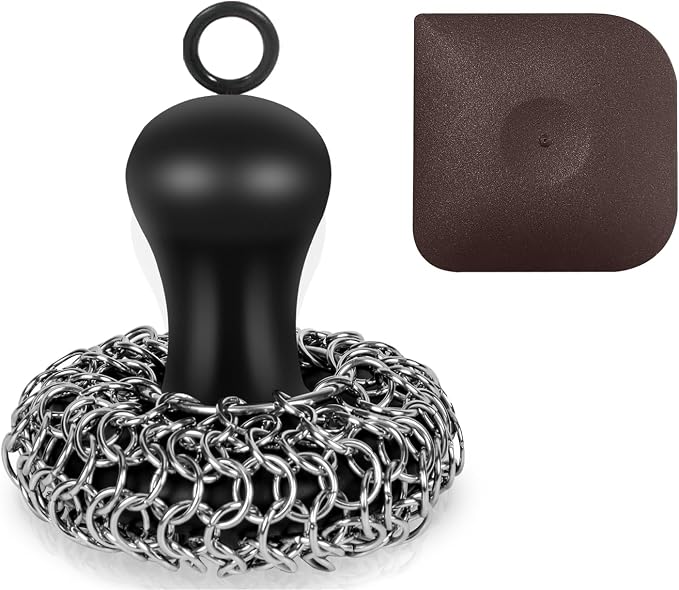 Cast Iron Cleaner Scrubber with Pan Scraper, Patented Chain Mail Scrubber | with Hanging Loop, Metal Chainmail Scrubber Sponge Scrub Brush Cleaning kit to Clean Pan Pot, Skillet, Grill, Dutch Oven, Wok