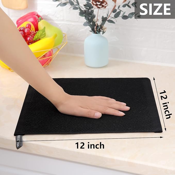 Homaxy 100% Cotton Waffle Weave Kitchen Dish Cloths 18-Pack, Black | 12 x 12 Inches, Ultra Soft Absorbent Dish Towels, Quick Drying Dish Rags with Hanging Loop