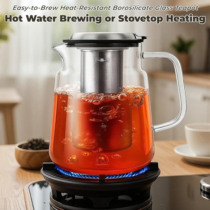 Aquach 57oz Glass Tea Pot with Infuser, Stovetop Safe Borosilicate Teapot | Dishwasher Safe, Plastic-free, Daily Sharing Size, Precise Loose Leaf Filter, Easy-clean