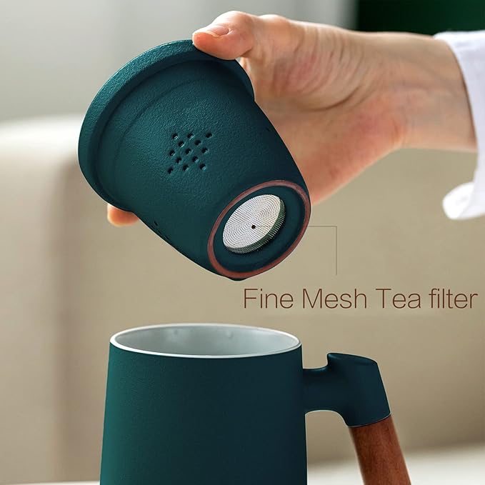 ZENS Tea Cup with Infuser and Lid for Loose Leaf Tea Steeper, 12oz Green | Embossed Ceramic Tea Infuser Mug with Fine Strainer for Herbal Tea Lovers Gifts, Vintage Wood Handle