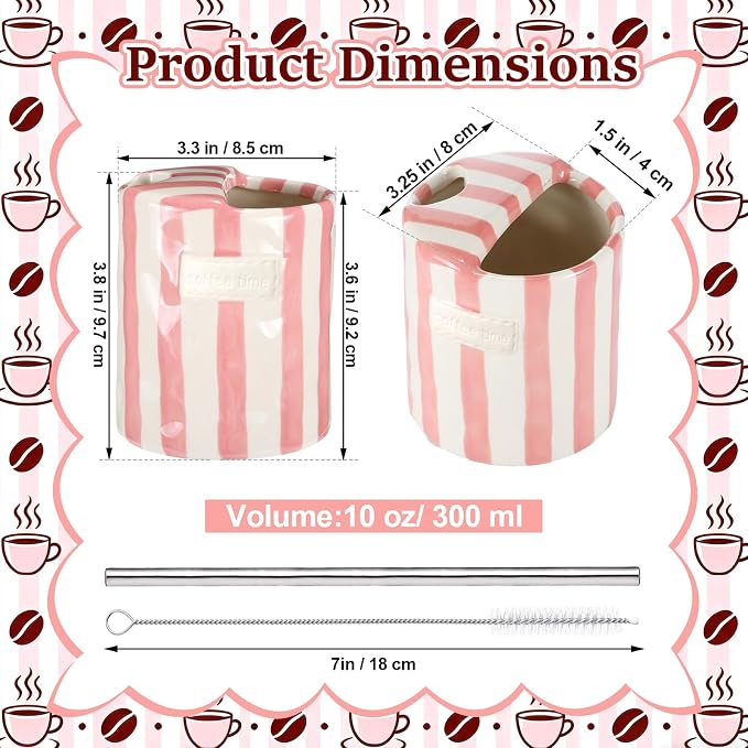 1 Pack Ceramic Mug with Sip Hole, Simple, Pink | 10oz Ceramic Coffee Cup with Straws, Retro Hand Painted Striped, for Iced Coffee Tea Latte Espresso, Kitchen Dining Travel