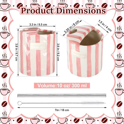 1 Pack Ceramic Mug with Sip Hole, Simple, Pink | 10oz Ceramic Coffee Cup with Straws, Retro Hand Painted Striped, for Iced Coffee Tea Latte Espresso, Kitchen Dining Travel