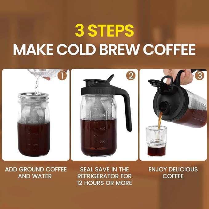 Cold Brew Coffee Maker, 32 oz Mason Jar Pitcher with Stainless Steel Filter, Pour Spout Handle Lid, Heavy Duty Glass Airtight & Leak-Proof for Iced Coffee,Tea & Lemonade