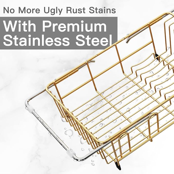 Gold Dish Drying Rack Over The Sink with Utensil Holder, Mat | Expandable Stainless Steel Dish Drainer for Small Kitchen, Apartment, RV, Counter Space Saving, Perfect Fit, Rustproof