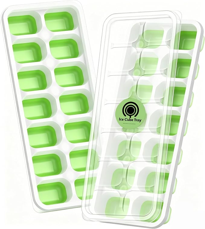 ChefAide Ice Cube Tray with Lid, 2 Packs 28 Cubes Durable Stackable Ice Cube Trays for Freezer with Removable Lids, Easy-Release Plastic & Silicone Ice Tray for Cocktail, Coffee.