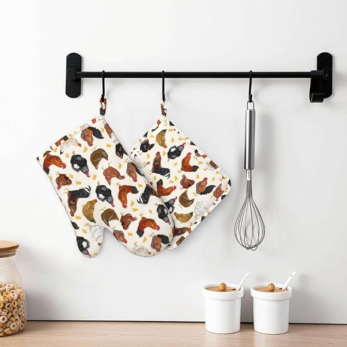 Rooster Hen Oven Mitts and Pot Holders Sets Silicone Rustic Domestic Animal Chicken Kitchen Mitts Potholders Heat Resistant 4Pcs Oven Gloves Hot Pads for Kitchen Baking Cooking BBQ Grilling