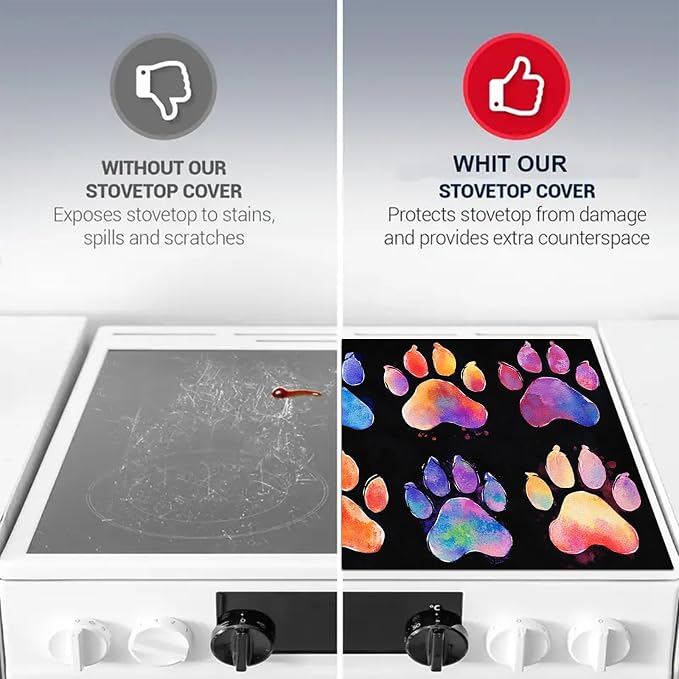HOMETITUTE Stove Top Cover 28x20 Colorful Paw Print Heat Resistant Mat