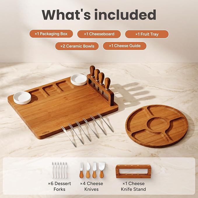 SMIRLY Charcuterie Boards Set, Cheese Board with Accessories, Brown Bamboo | House Warming Gifts, Wedding Gifts for Couples, Bridal Shower Gifts, Magnetic Holder for 4 Cheese Knives, Fruit Tray