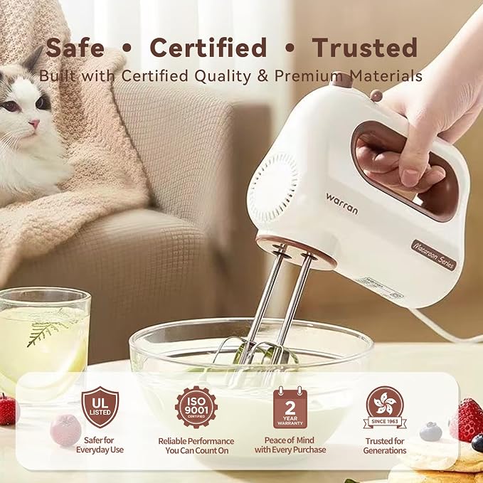 300W Compact Lightweight Electric Hand Mixer, with Powerful Quiet DC Motor for Baking, Cake, Brownies, Cookie Dough, Ideal for Home Kitchen (White)