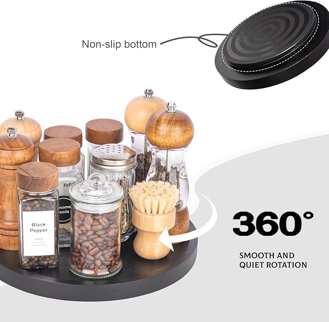 Wood Lazy Susan Organizer Kitchen Turntable for Cabinet Farmhouse Bathroom Decor Round Decorative Tray for Vanity, Counter, Sink, Coffee Table, 10 Inch, Black | waterpoof, East clean, Non-slip, Pantry Table Decorative Tray for condiment, spice