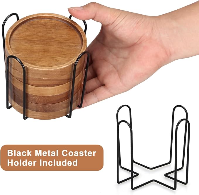 Acacia Wood Coasters Set of 8 Bar Accessories Table Decor Wooden Coaster | Rustic Vintage Drink Coaster with Holder Kitchen Decoration Cool Home Outdoor Cup Coster porta vasos Table Centerpieces