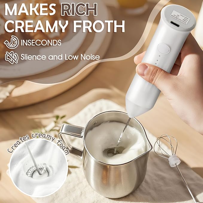 Powerful Milk Frother - Electric Handheld Milk Frother with Stand, Milk Jug and 2 Stainless Steel Blenders, Rechargeable 3 Speed Coffee Latte Cappuccino Matcha