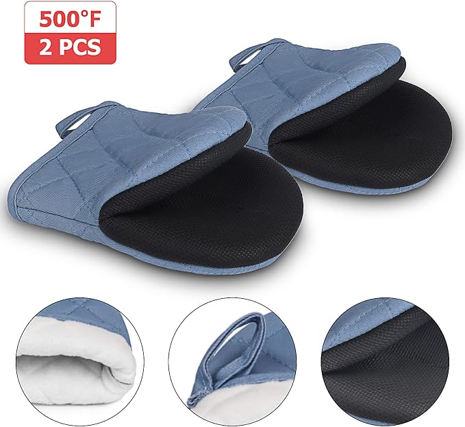 Goldmeet Mini Oven Mitts 2-Pack, 7"x5.5", 500°F Silicone Grip, Sky Blue | Non-Slip, Heat Resistant, Machine Washable, Hanging Loop, Fits Small Hands, for Baking Grilling BBQ Cooking