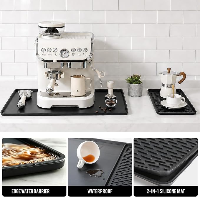 Caketime 2 In 1 Silicone Coffee Bar Mat Accessories for Ninja Coffee Maker with Detachable Dish Drying Rug Kitchen Counter Under Sink Drainer Appliances Dorm Room Decor 16"x24" Extra Large Black