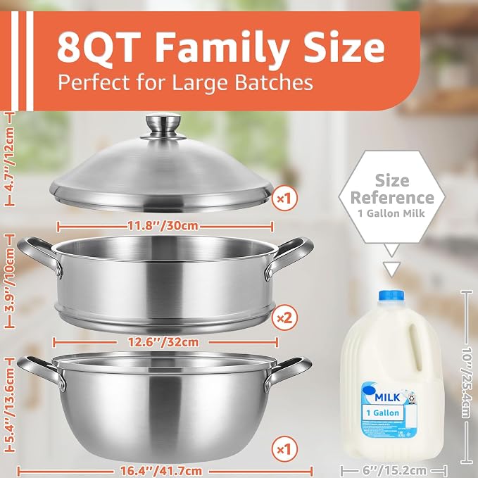 LOLYKITCH 8-Quart/ 30CM Stainless Steel Steamer Pot - 3 Tier Steamer | Steamer for Cooking Dumplings & Veggies, 12 Inch Large Induction Stock Pot for All Stovetops, Heavy Duty