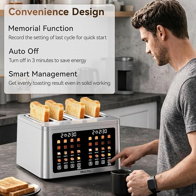 Mecity 4 Slice Toaster Wide Slot, Auto Lift Keep Warm Smart Toaster with Touch Screen, Dual Control Panel, Defrost, Auto Shut Off Digital Toasters for Bagel Muffin Waffle Gluten Free Breads 1700W 120V