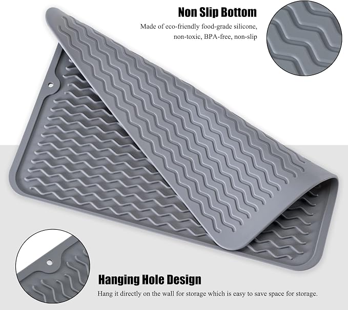 Silicone Dish Drying Mat, Non-Slip Easy Clean Sink Mat, White, 16" x 12" | Quick-Dry Ridges, Large Heat-resistant Dish Drainer Mat for Kitchen Counter, Hangable & Roll-Up for Storage, Dishwasher Safe