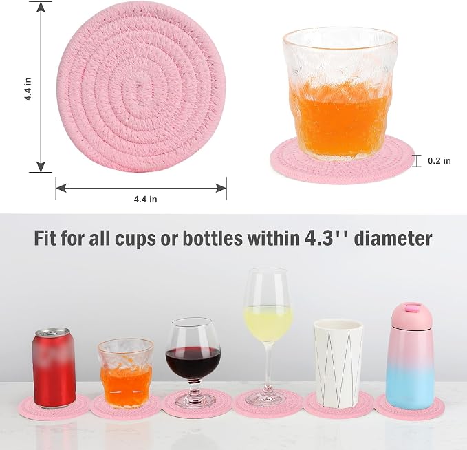ABenkle 8 Pcs Drink Coasters with Holder, Cotton Woven Absorbent Coasters for Drinks, Minimalist Home Decor Coaster Set for Wooden Tabletop Protection Table, 4.3 inches Bright Pink