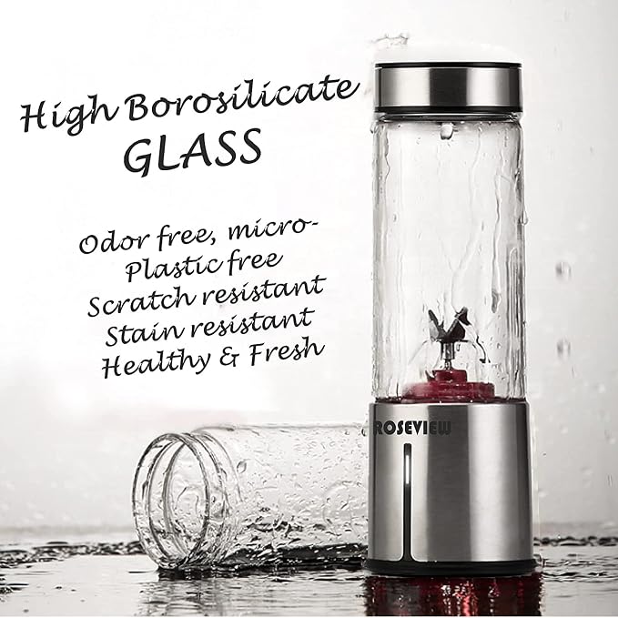 Portable Smoothie Blender ROSEVIEW Glass Cordless Mini Shakes Cup blend for smoothies USB rechargeable juicer 2 battery Handheld Personal travel Jet mixer (Black Steel) (Innox Steel)