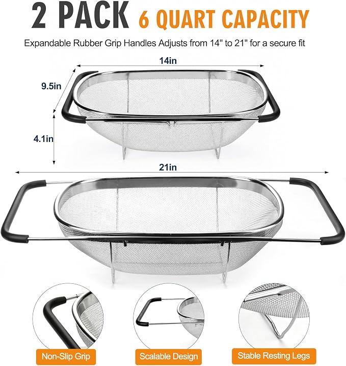 Palksky Over the Sink Colander, Stainless Steel Fine Mesh, 6 Quart 2 Pack | Expandable handles fit most sinks; fine mesh drains pasta, rice & produce